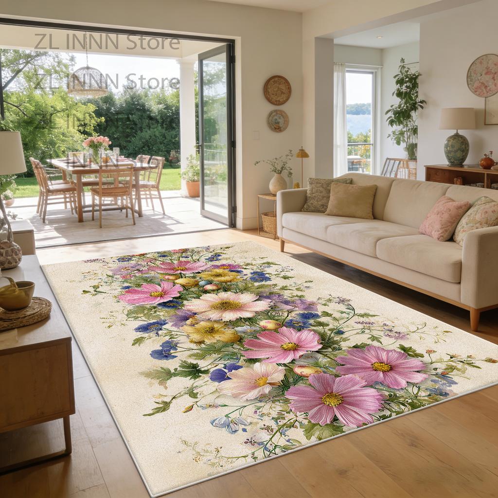 Spring Summer Floral Style Living Room Carpet Fresh Decoration Home Pastoral Area Pile Fabric Rug Sofa Bedroom Plush Floor Mat