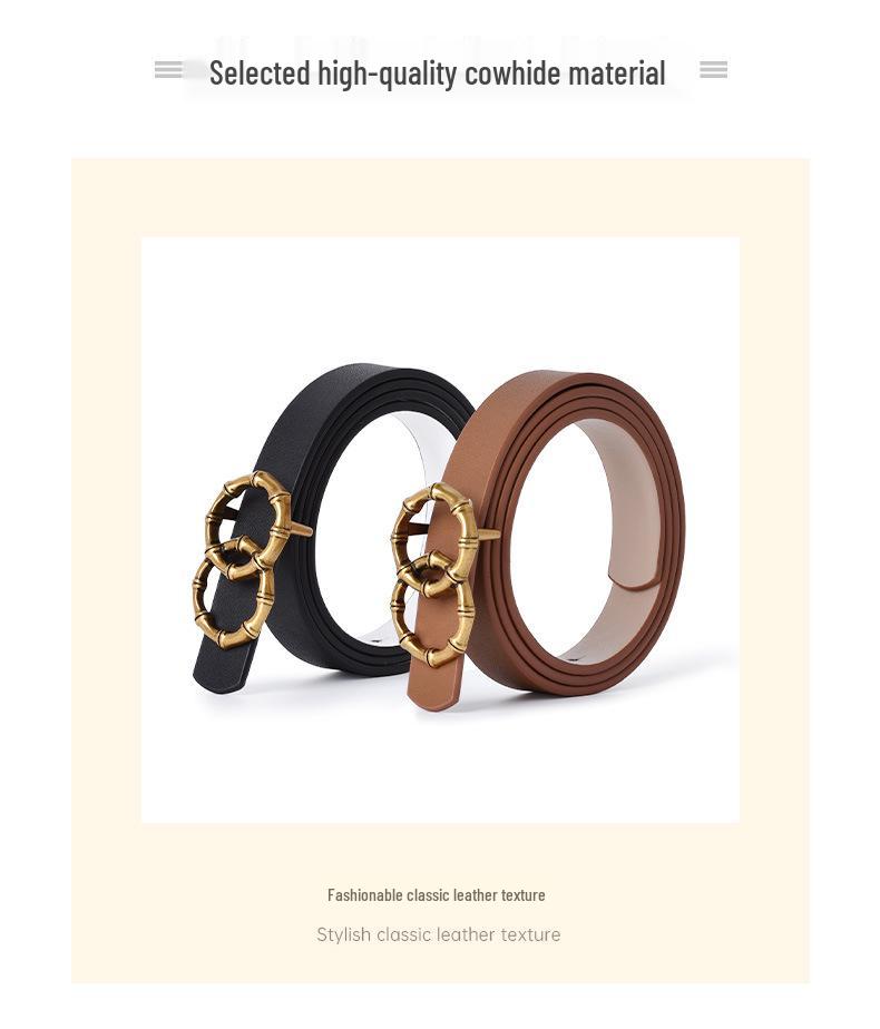 Women's Black Slimming Genuine Leather Belt with Bamboo Buckle