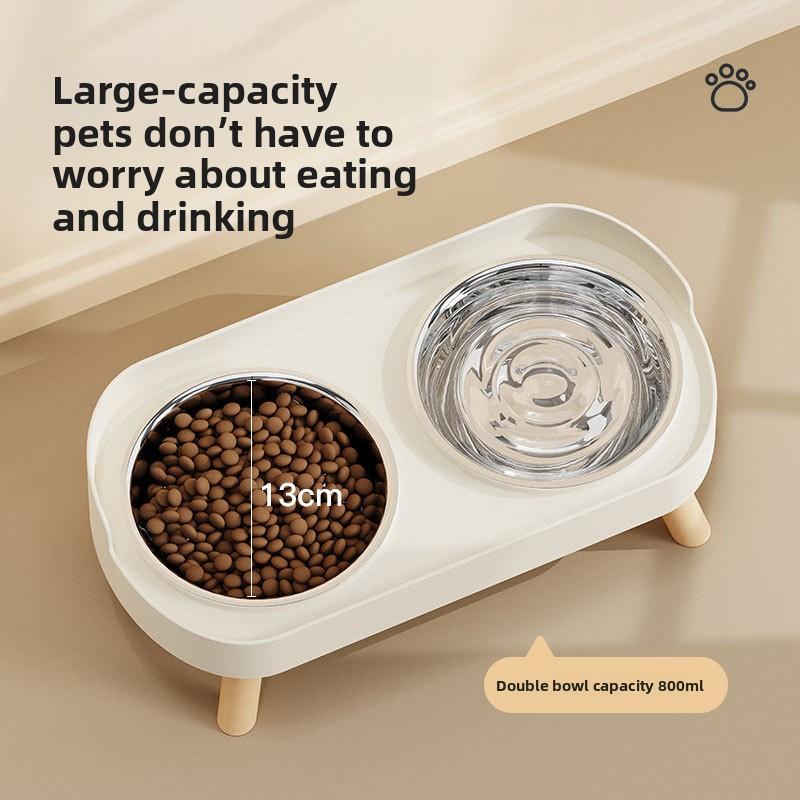 Cat Bowl, Ceramic Double Bowl, Anti-tipping Pet Bowl, Water and Food Integrated Stainless Steel Dog Bowl, Neck Guard Bowl