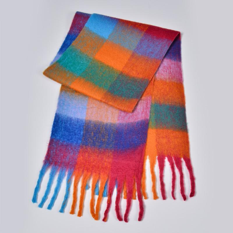 New autumn and winter rainbow plaid scarf fashion circle yarn thickened warm plaid fringed long scarf couple