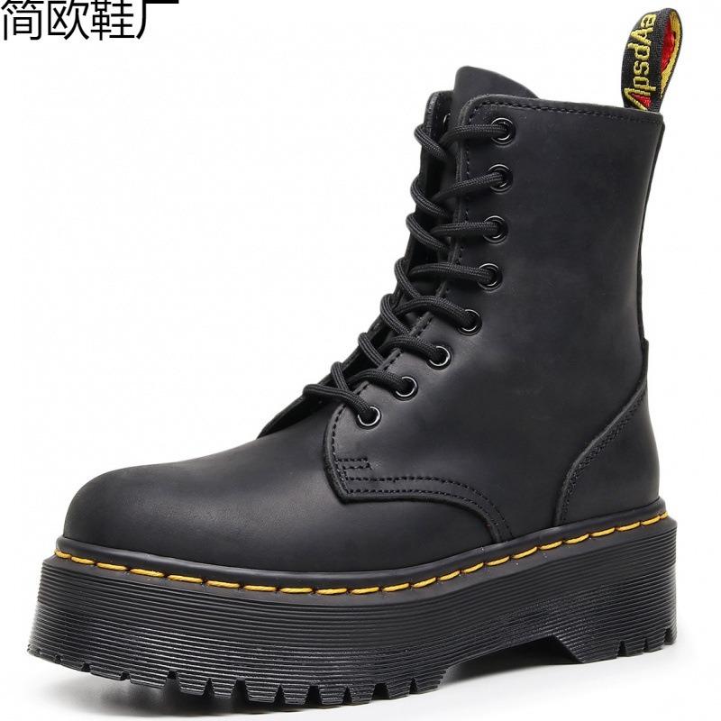 Erste Schicht dicker Boden Loch Lokomotive Stiefel Damen, Seitenreißverschluss Crazy Horse schwarze Kurzstiefel Leder locker