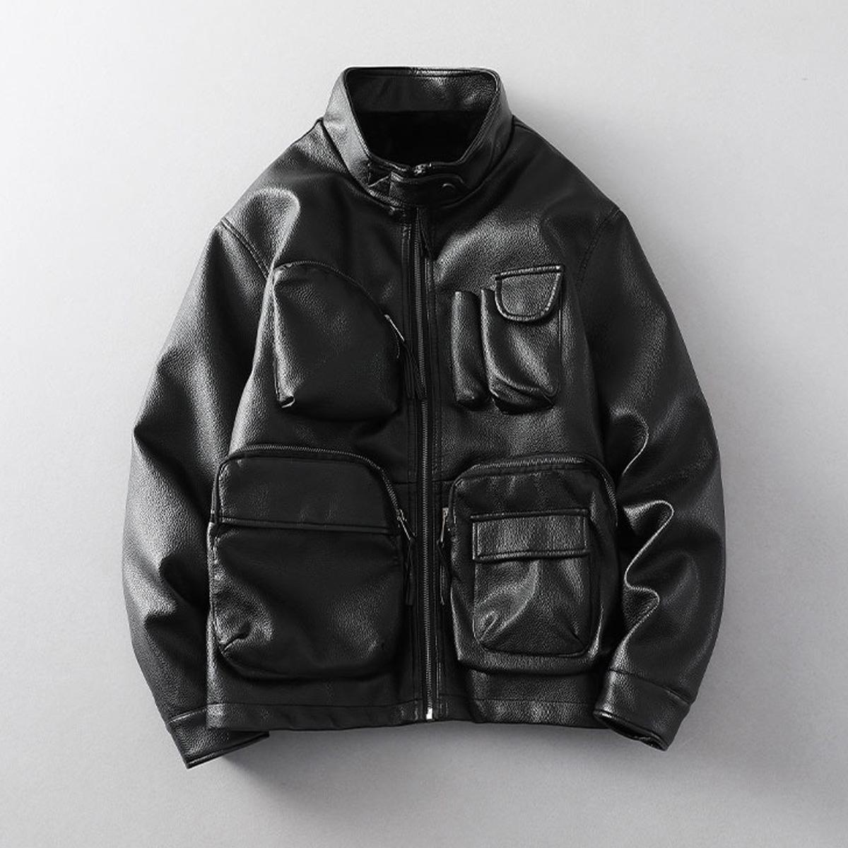 

JK1997 Fleece-Collar Leather Motorcycle Jacket with Multi-Pocket Design - American Style Outdoor Workwear M чорний