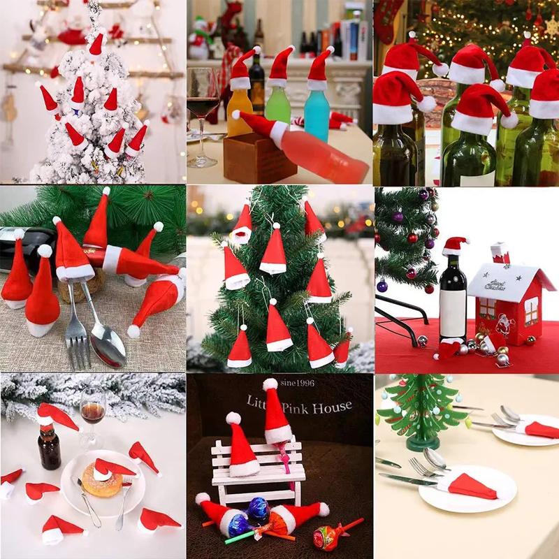 Mini Santa Hats Wine Bottle Covers Lollipops Candy Caps Christmas Tableware Holder Bottles Bags Xmas New Year Party Decoration