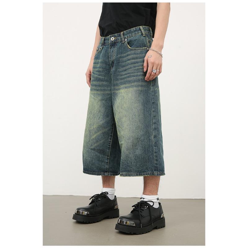 Mid-length Pants Trousers Versatile Wide-leg Seven-minute Jeans Summer Retro Washed and Worn Straight Denim Jeans In Men's Shorts Pants