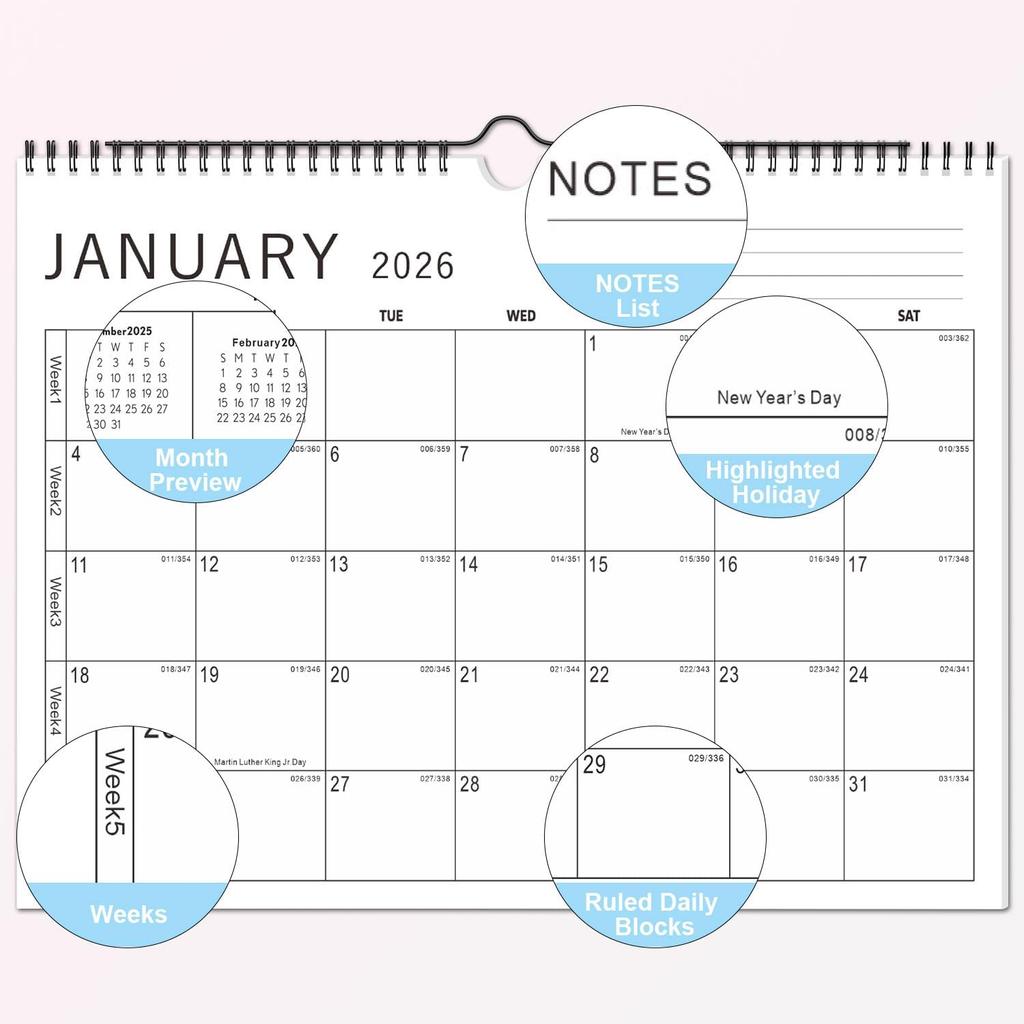 KOPEESY Wall Calendar 2026, Months Calendar 2026 from Now To December 2026, 14.5" X 11" Monthly Calendar with Thick Paper and Julian Dates for Office