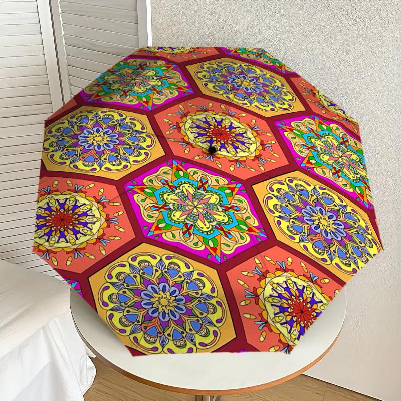 1PC Mandala PatternsAutomatic Open/Close Umbrella with Windproof, 8-Rib Sturdy Canopy, Durable Ribs, Fashionable Design, Outdoor Accessory, Fun Prin,