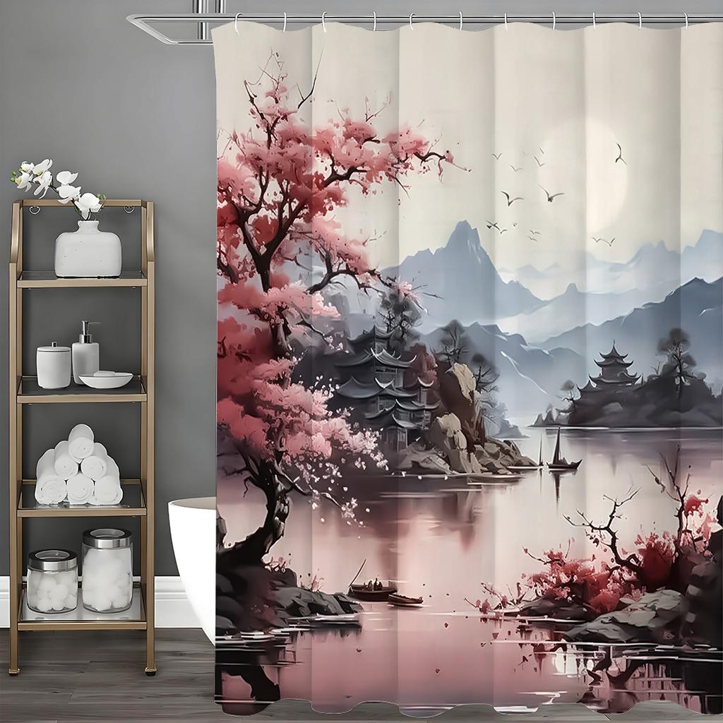 Japanese Cherry Blossom Asian Anime Chinese Style Mountains and Lakes Scenery Shower Curtain, Bathroom Decorative Shower Curtain