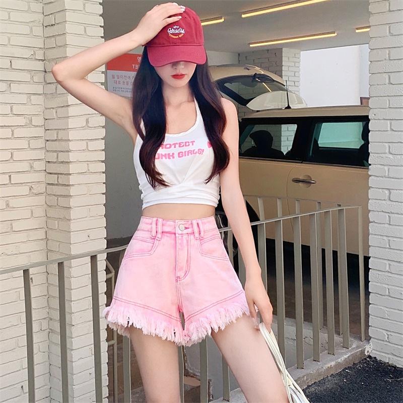 2025 Korean Style Pink Raw Hem Tassel Denim A-line Shorts for Women - Summer Street Style