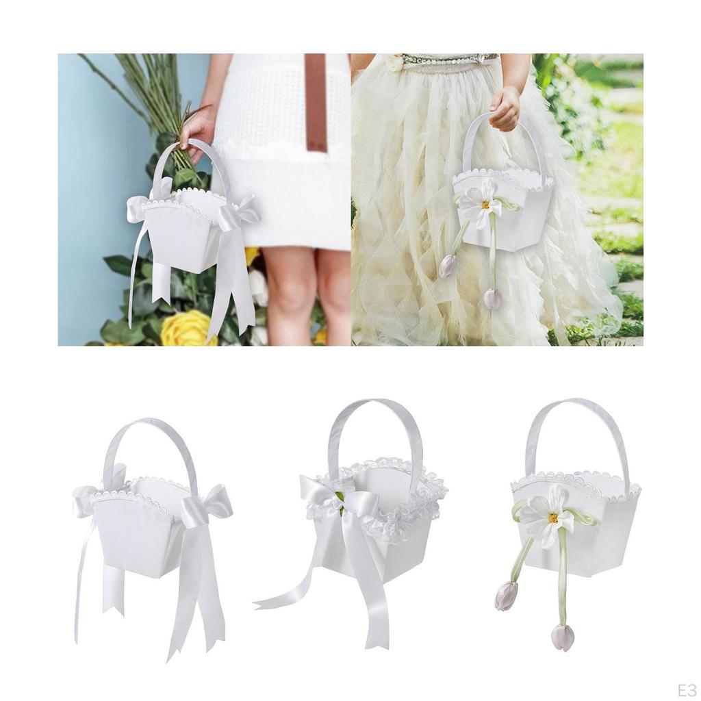 Flower Basket for Wedding with Handle And Ribbons, Gift Girl Bridesmaid