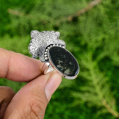 925 Silver Oval Solar Moss Agate Gemstone Art Deco Wedding Anniversary Wife Ring