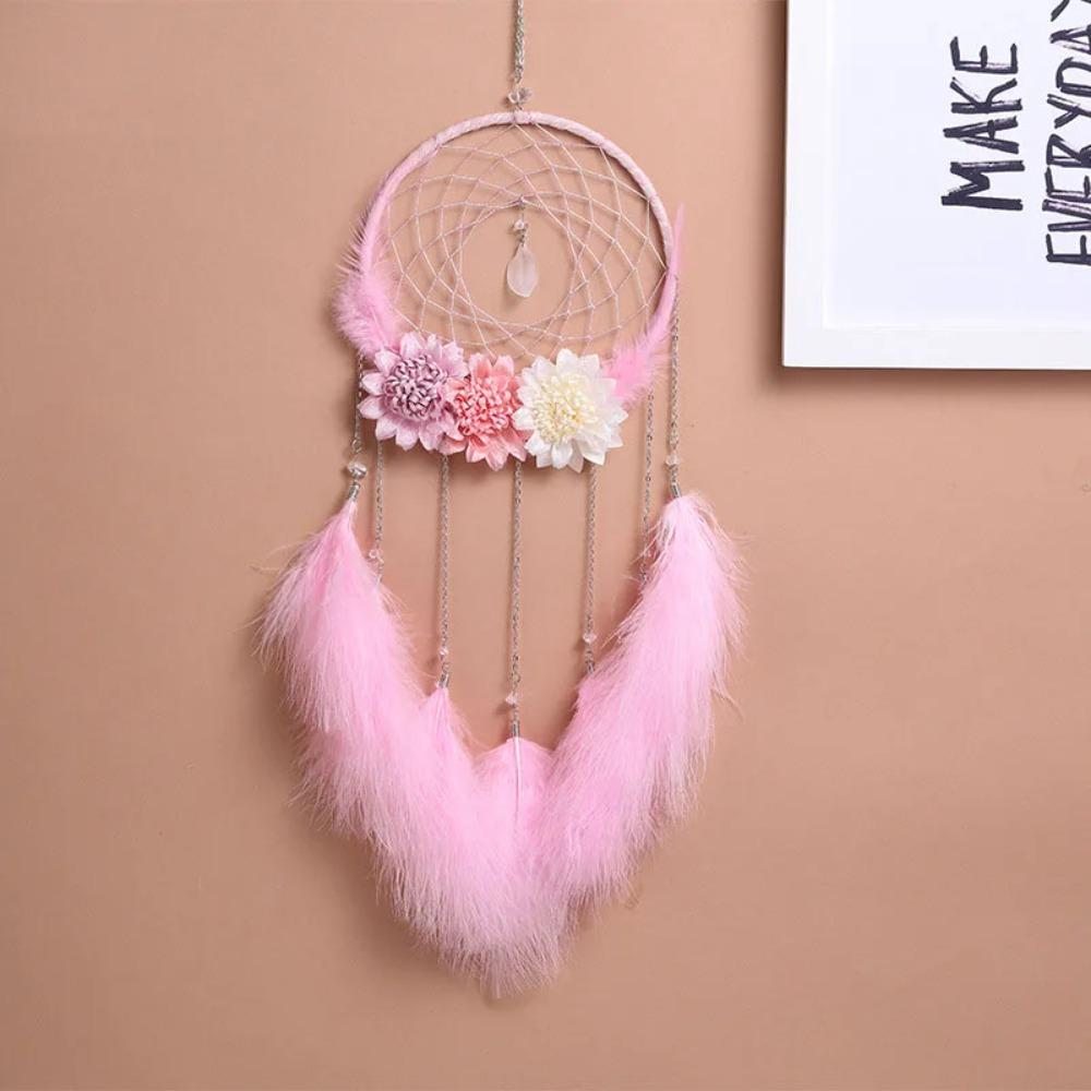 Wall Hanging Dream Catcher Pendant with Feathers with Flowers Feather Wind Chime with LED String Round Shape Night Light Home