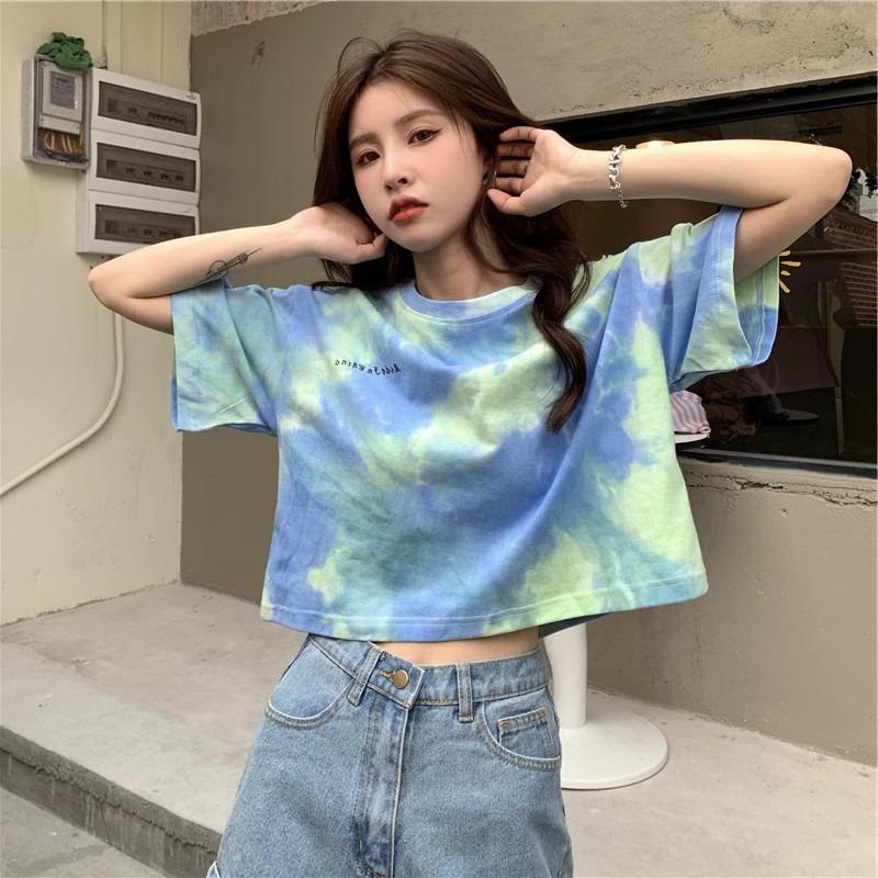 Women's Summer American Retro Tie-dye Short-sleeved T-shirt Thin Design Niche High-waisted Short Revealing Tops