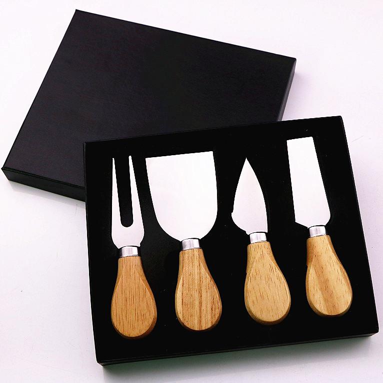 Oak Handle Cheese Knife Set Cheese Pizza Stainless Steel Cheese Knife Gift Box Black