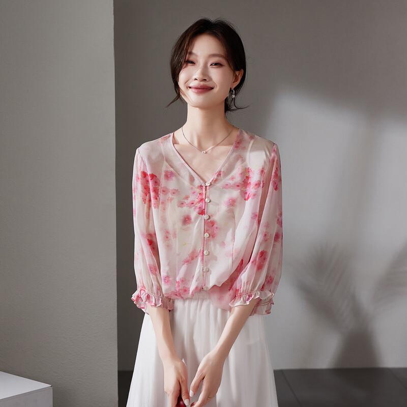 SOFSIL 2026 Summer New Printed V-neck Mulberry Silk Shirt L