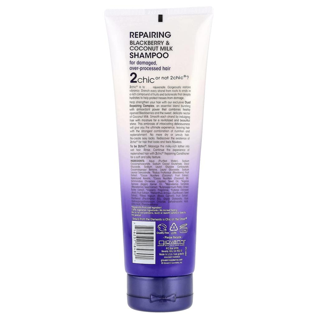 2Chic, Repairing Shampoo, For Damaged Hair Due to Frequent Perms and Coloring, Blackberry + Coconut Milk, 250Ml (8.5Fl Oz)