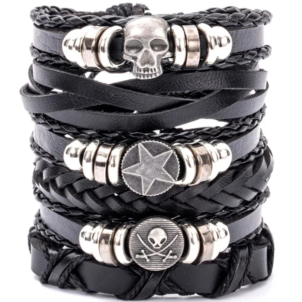 1 Mode-Armband Wikinger-Armband Für Männer Handgelenk-Armbänder Geflochtenes Totenkopf-Hand-Schmuckstück Verstellbares Leder-Set-Armband Für Leder