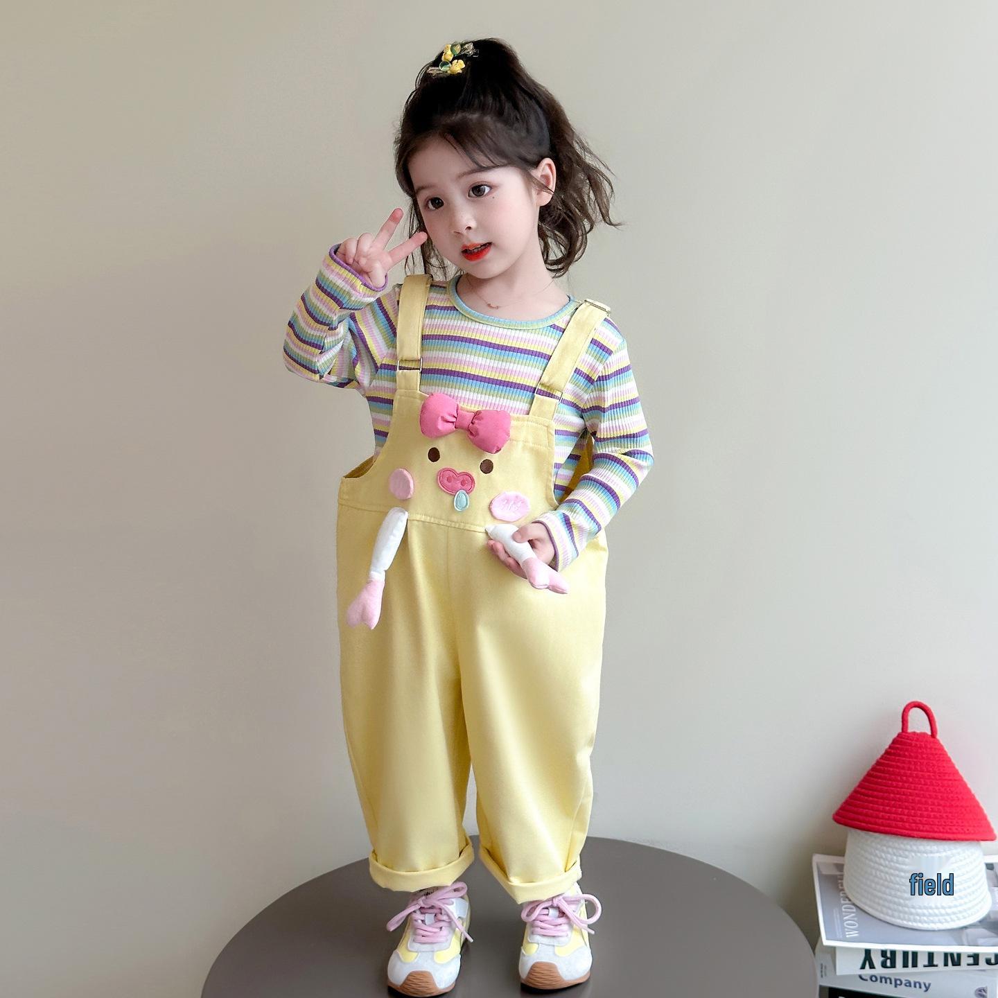 

2025 Autumn Cartoon Overalls Set for Girls - Long Pants 2-Piece Outfit 130 cm жёлтый