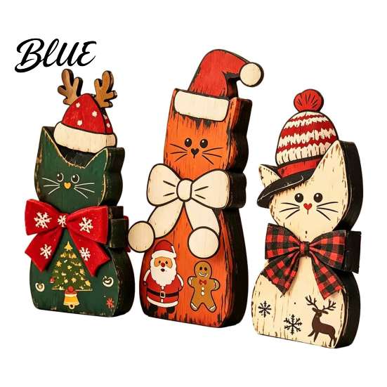 Rustic Wood Cat Figurines 3Pcs Christmas Wooden Ornaments with Hat and Bow Tie, Decorative 2D Standing Figures Flat Thanksgiving Tabletop Figurines,