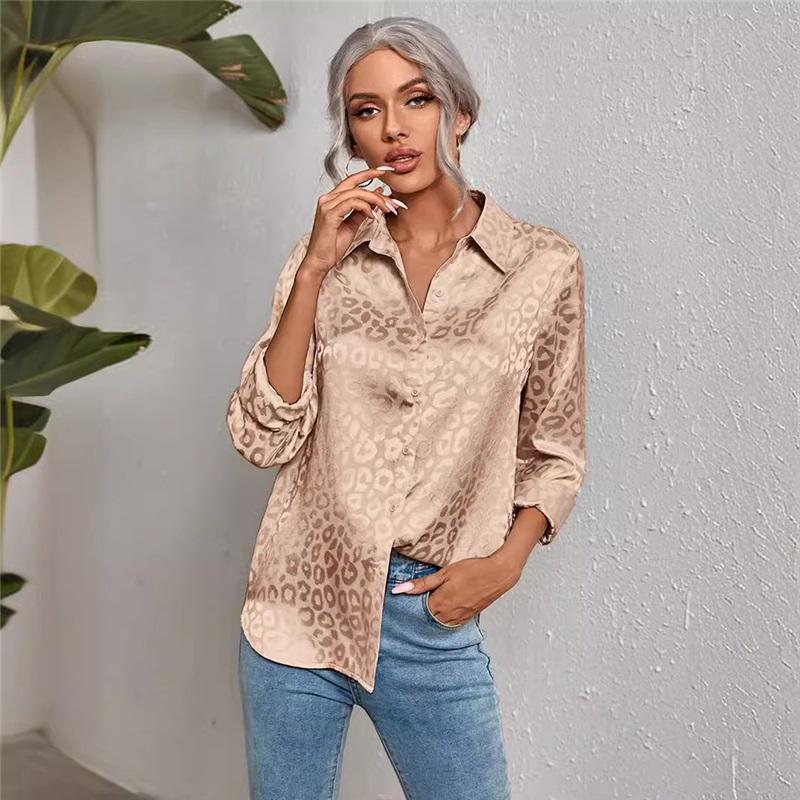 Womens Spring Summer Lapel Button Up Leopard Print Jacquard Shirt Elegant Commuter Long Sleeve Shirt
