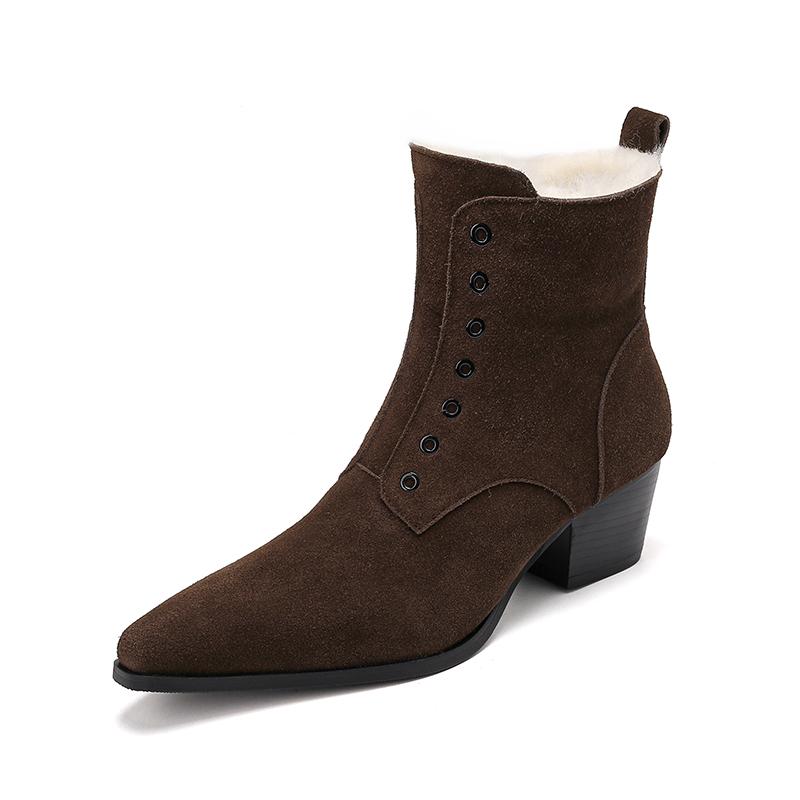 

Fashion 2025 Winter New Fashion Warm Genuine Leather Women Ankle Boots High Heel Wool Inside Snow Boots Platforms Short Motorcycle Boots 40 коричневый