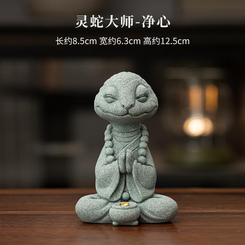 Green Sandstone Chinese Spirit Snake Tea Pet Boutique Fish Tank Landscaping Tea Figurine Play Toys Tea Statue Ornaments Craft