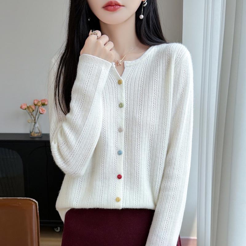 Women's Plus Size Hollow Knit Wool Cardigan - Long Sleeve, Round Neck Sweater Coat