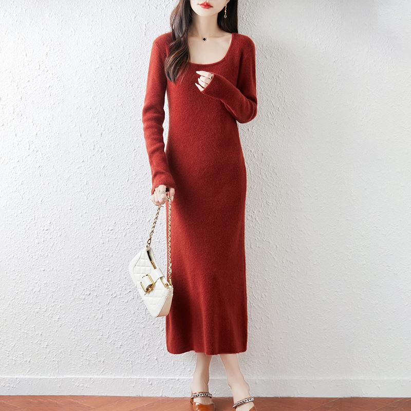 Women Sweater Dress 100% Wool MODERN NEW SAGA U-neck Knit Long Pullover Winter Jumpers Wool Long Dress Female