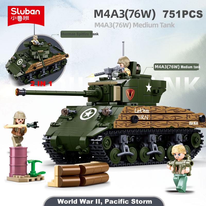 Sluban World War Ii 2 Military Usa Abrams M1A2 Battle Tank Chariot Building Blocks Army Classic Accessories Model Kids Gift Toys