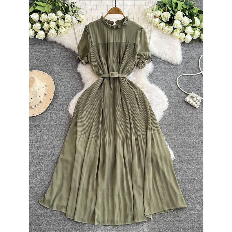 Spring and Autumn New Arrival French Style Retro round Neck Short Sleeves Chiffon Dress Women's Tight Waist Slim Looking Elegant Pleated Midi Dress