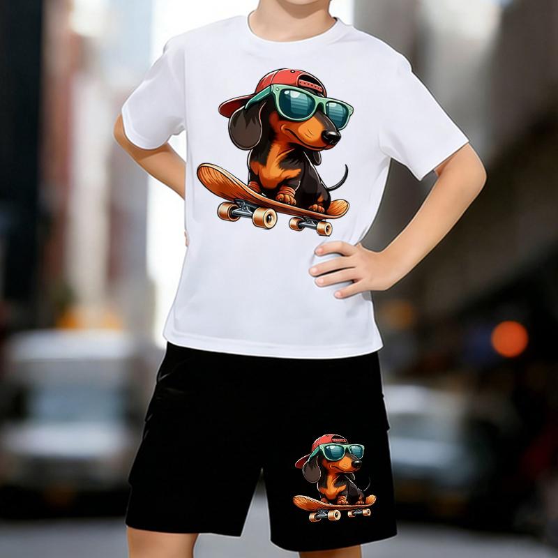 

Boys 2 Piece Cartoon Dog and Skateboard Print Outfit, Short Sleeve T-Shirt and Shorts Set for Kids Age 5-14, White Sporty Casual Summer Clothes 13-14 Years