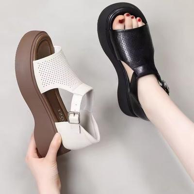 Fashion Sandals Women Size 40 M Women's Summer Fashion Thick Bottom Open Toe Leather Sandals Slippers Solid Tan Wedge Sandals for Women
