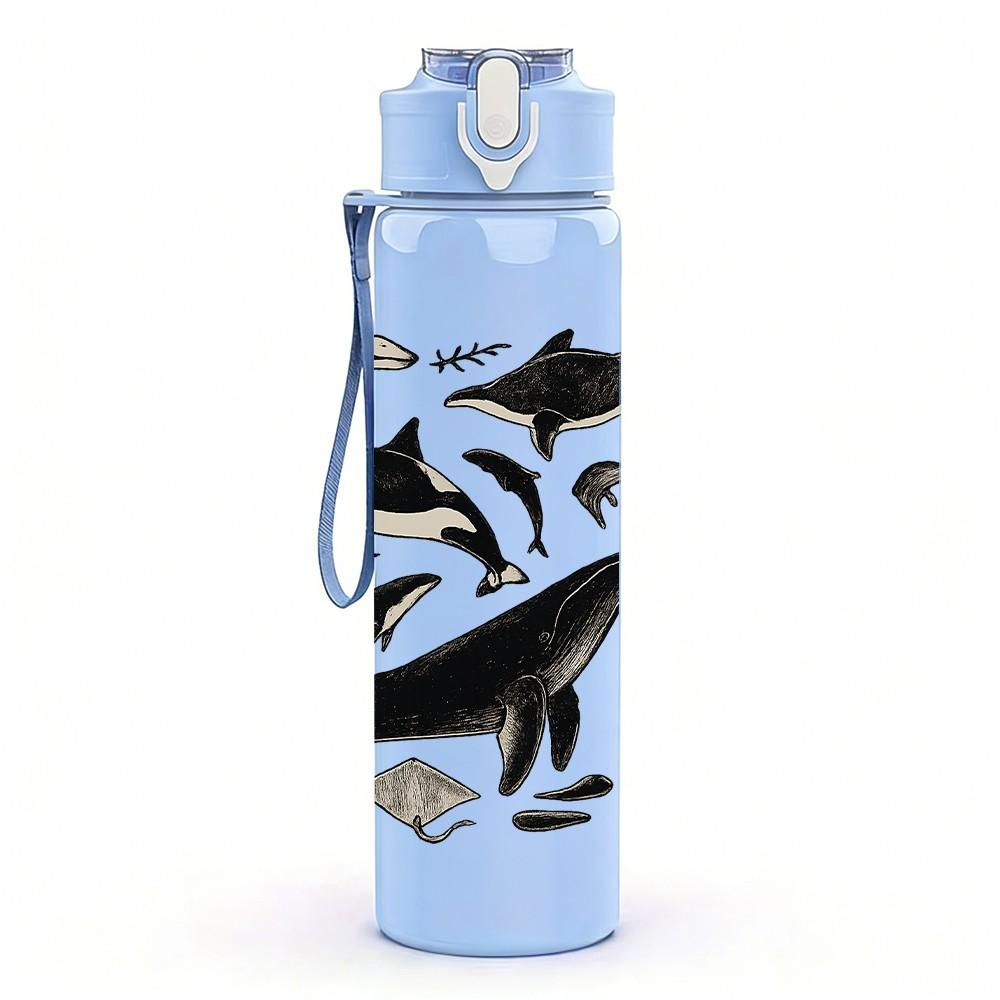 1 PZ Silhouette di Gruppo di Balene Oceaniche 750ml Bottiglia d'Acqua Sportiva in Plastica Colorata Tappo Flip a Cannuccia Anti-perdita Adatta per Sport Ufficio Uso Domestico
