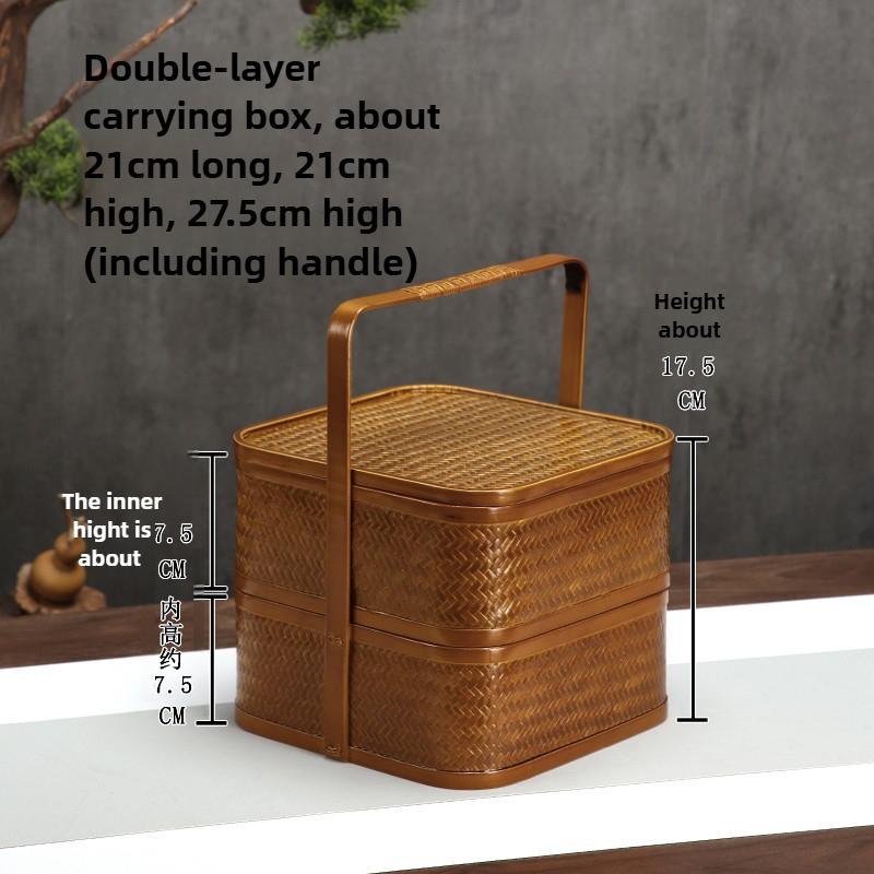 Vintage Bamboo Woven Double Layer Food Box Tea Set Storage Basket Dustproof Snack Container