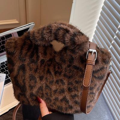 2025 Autumn Fluffy Bag Retro Leopard Print Women's Bag Street Trend Shoulder Bag Large Capacity Messenger Bag Plush Bag