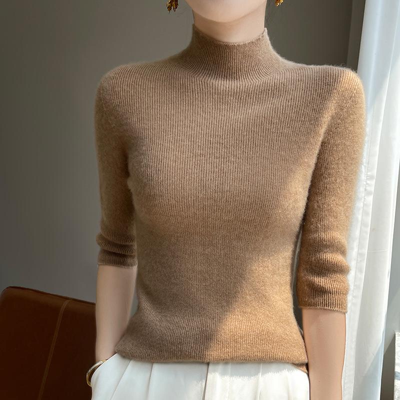 2025 Spring Women's Slim-Fit Mid-Neck Knitted Top with Five-Point Sleeves