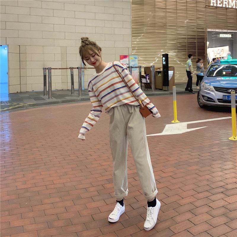 Women's Contrast Stripe Long-Sleeve T-Shirt - Autumn 2025 Korean Loose Casual Style