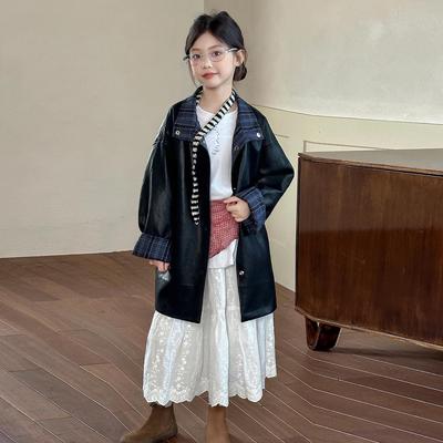 Girls' Trendy Reversible Leather Jacket - Autumn 2025 Korean Style Mid-Length Coat