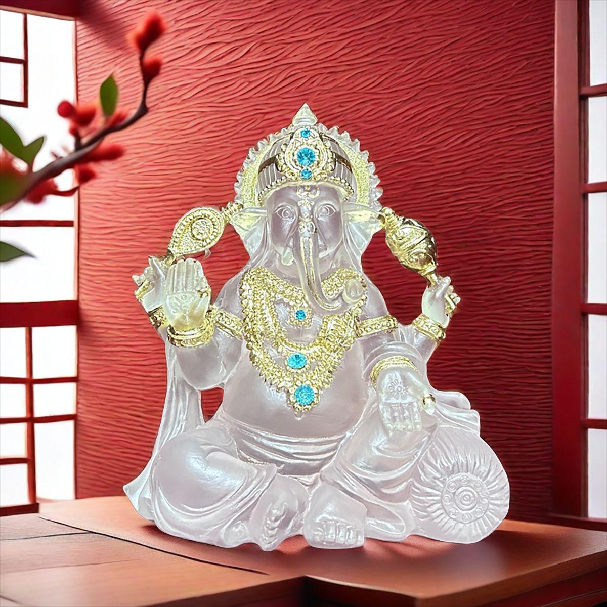 Ganesha Elephant God of Wealth Statue - Gold Leaf Thai Style Resin Ornament 16CM High белый
