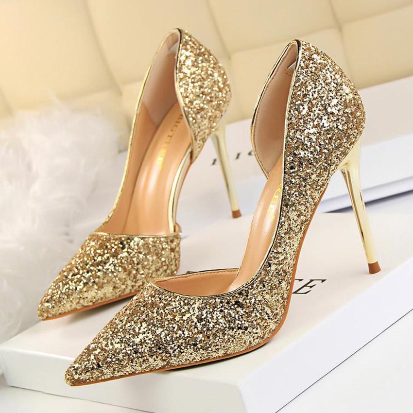 Bigtree Women's Thin Heel 9.5CM High Heel Shallow Mouth Pointed Side Cut Out Sequin High Heel Shoes