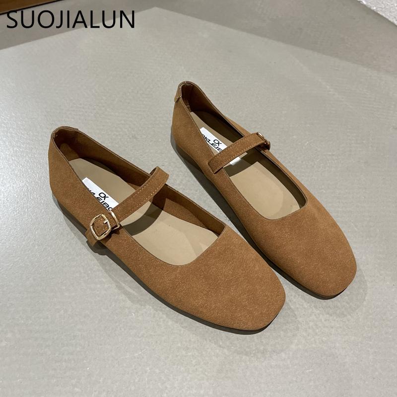 SUOJIALUN 2023 Spring New Brand Women Flat Shoes Round Toe Shallow Slip On Ladies Casual Ballet Shoes Soft Leather Eelgant Balle