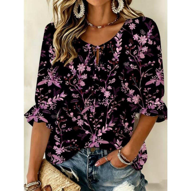 Women's Elegant Printed Lace-up Flared Top, Stylish and Versatile, Comfortable and Skin-friendly