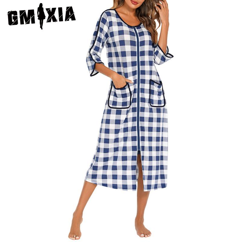 

GMXIA Autumn and Winter Home Wear Comfortable Casual Loose Pajamas Seven-minute Sleeves Large Size Striped Nightgowns S синий/белый