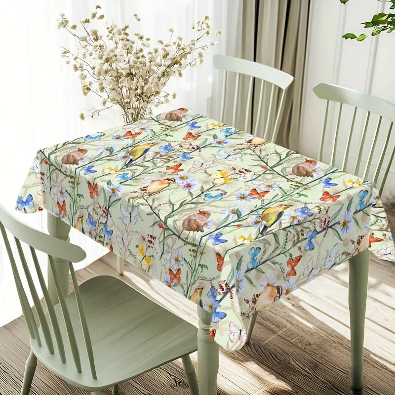 A Rectangular Tablecloth Featuring Spring And Summer Floral Patterns, Butterflies, And Birds, Suitable for Both Indoor And Outdoor Use, Perfect for De