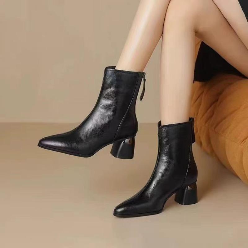 Fashion Block Heel Single Boots Fall New Pointed Toe Spliced Rear Zipper Soft Sole Anti-Slip Wear-Resistant Short Shoe