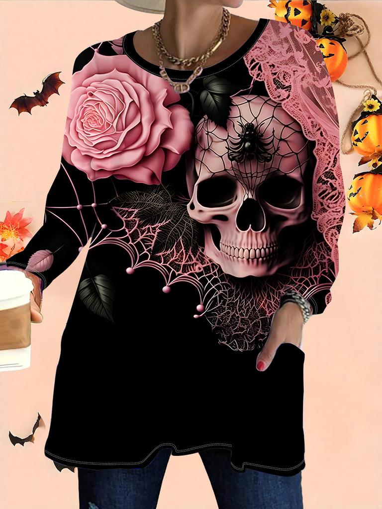 2025 Jesień Zima Nowe Damskie Bluzki Plus Size, Modne Koszulki z Okrągłym Dekoltem i Długim Rękawem z Nadrukiem 3D na Halloween