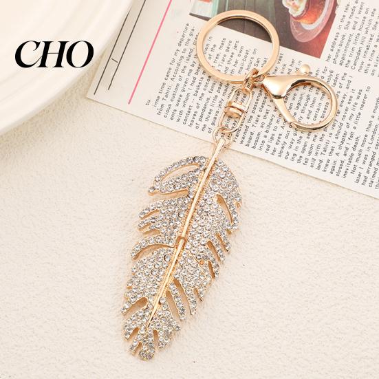 Rhinestones Inlay Keychain Pendant Inlaid Feather Shape Key Chain Hollow Glossy with Anti-Oxidation Lobster Clasp Backpack Bag Accessory Durable Metal