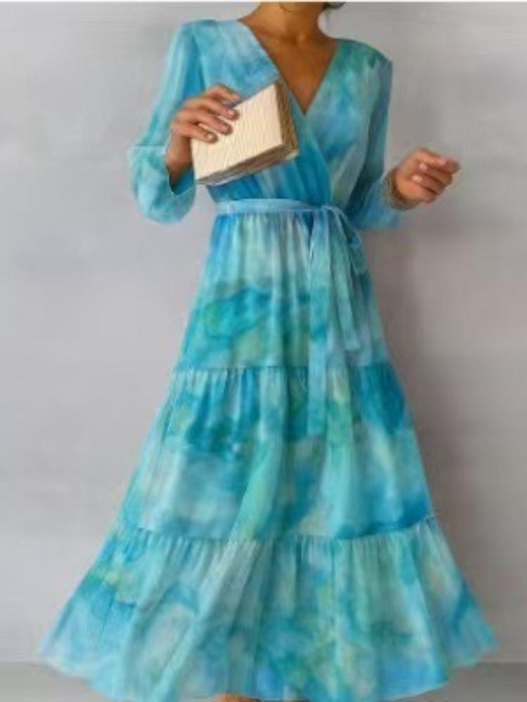 Pink V Neck Tie Waist Floral Print Maxi Dress with Ruffle Hem