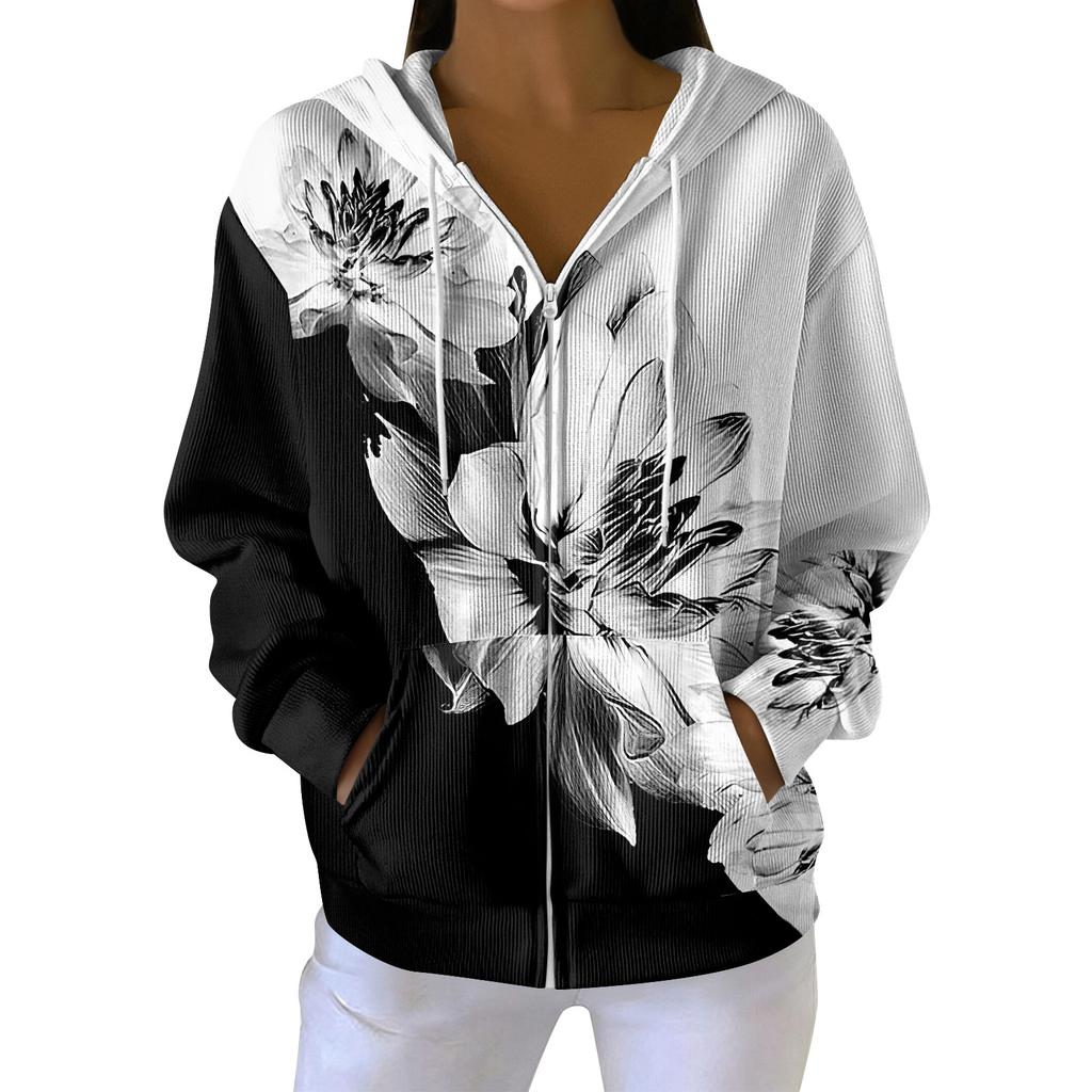 Women's Casual Fashion Long-Sleeved Zip-Up Christmas Print Knitted Hoodie