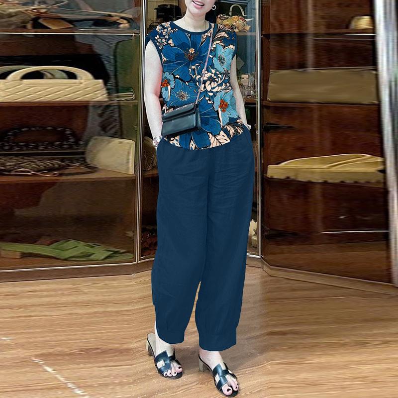 ZANZEA Dámské tiskové tílka a kalhoty, ležérní dvoudílné oblekové soupravy