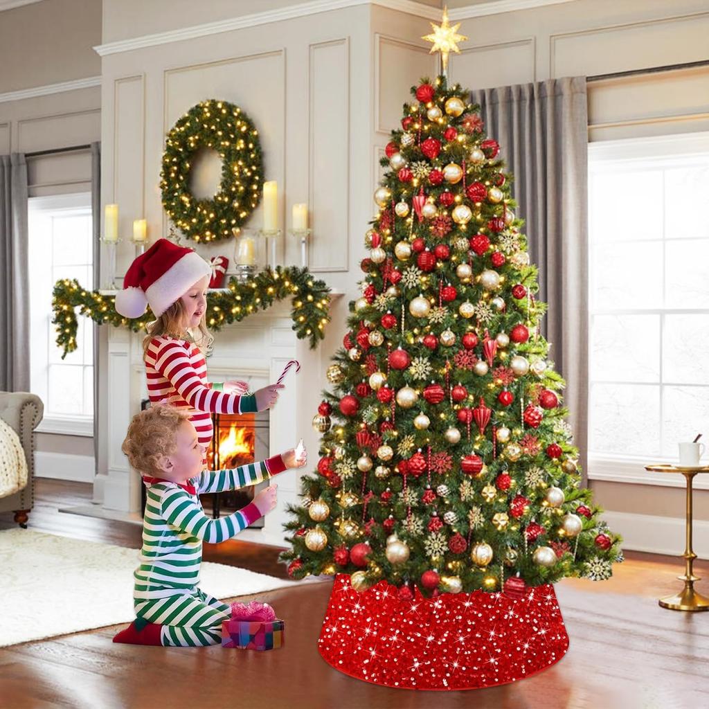 Red Sequins Christmas Tree Collar Sparkly Round Trees Ring Elegant Tree Skirts Collar Embroidered Trees Base Shiny Ornaments